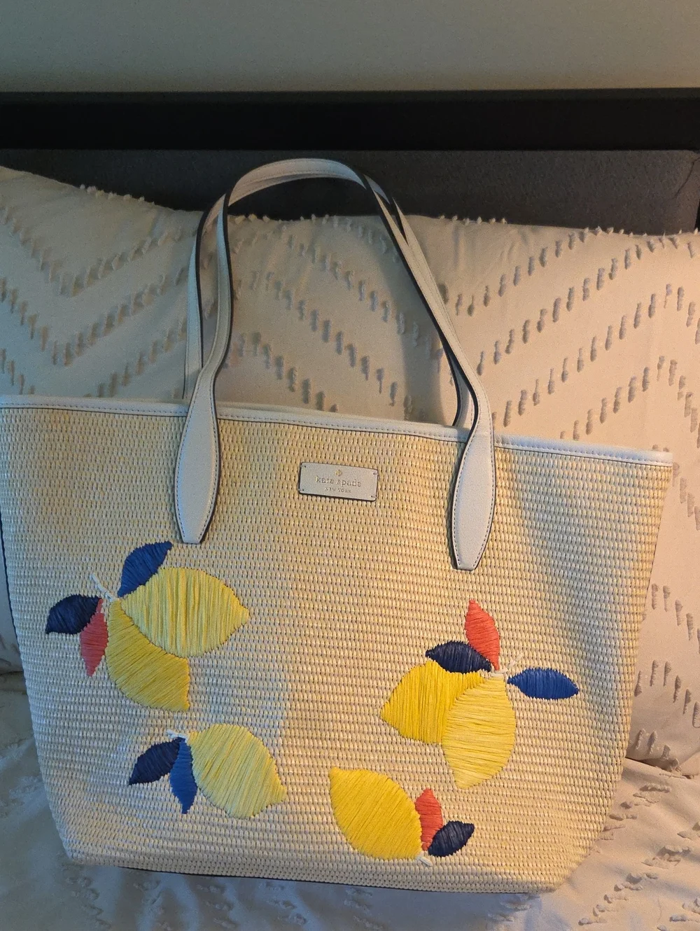 kate spade Cream Straw Tote with Yellow, Blue & Pink Floral Embroidery